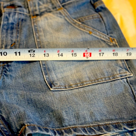 Levi Jean shorts, painter pants style. Words “I Love You” embroidered in red - Picture 2 of 8